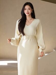 DAZY Women's Solid Color V-Neck Casual Everyday Knit Dress - Beige - View 8
