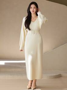 DAZY Women's Solid Color V-Neck Casual Everyday Knit Dress - Beige - View 1