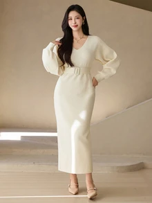 DAZY Women's Solid Color V-Neck Casual Everyday Knit Dress - Beige - View 2