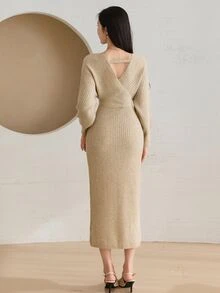DAZY Women's Solid Color V-Neck Casual Daily Knit Dress - Apricot - View 7