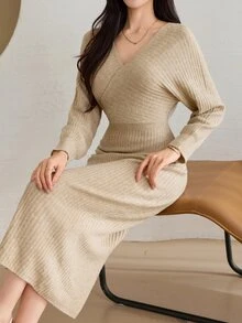 DAZY Women's Solid Color V-Neck Casual Daily Knit Dress - Apricot - View 2