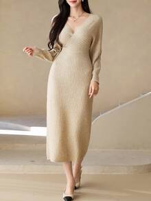 DAZY Women's Solid Color V-Neck Casual Daily Knit Dress - Apricot - View 6