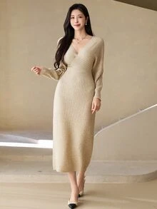 DAZY Women's Solid Color V-Neck Casual Daily Knit Dress - Apricot - View 1
