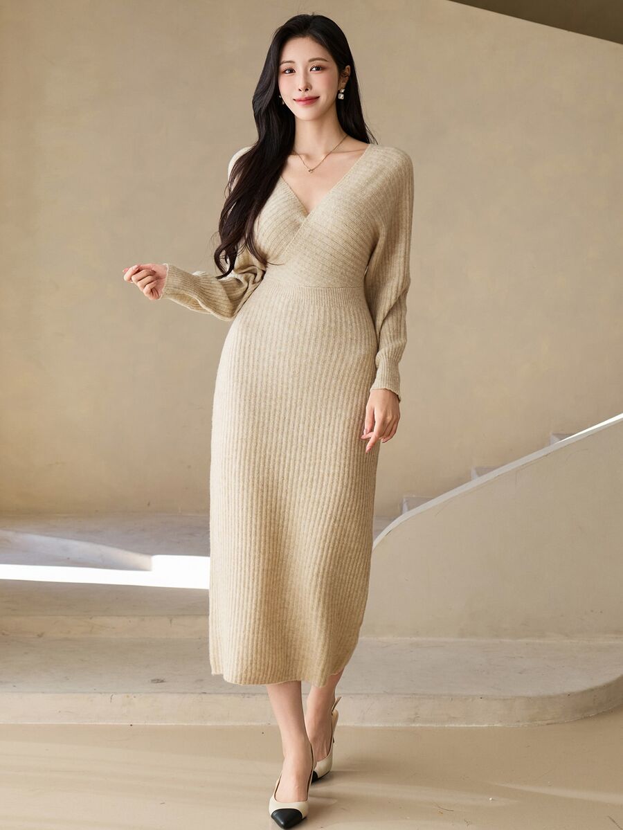 DAZY Women's Solid Color V-Neck Casual Daily Knit Dress - Apricot - View 1