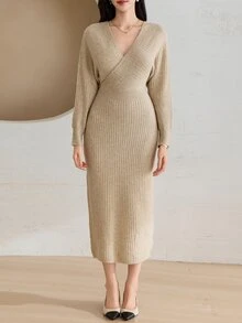 DAZY Women's Solid Color V-Neck Casual Daily Knit Dress - Apricot - View 5