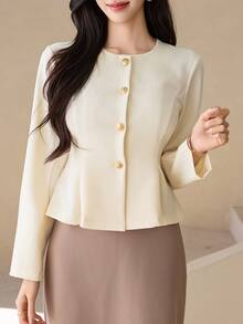 DAZY Women's Button-Up Cinched Waist Pleated Hem Elegant Jacket - Apricot - View 5