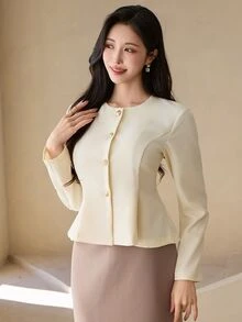 DAZY Women's Button-Up Cinched Waist Pleated Hem Elegant Jacket - Apricot - View 3