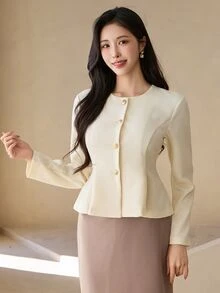 DAZY Women's Button-Up Cinched Waist Pleated Hem Elegant Jacket - Apricot - View 4