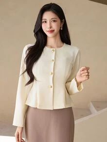 DAZY Women's Button-Up Cinched Waist Pleated Hem Elegant Jacket - Apricot - View 7