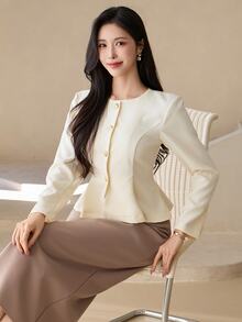DAZY Women's Button-Up Cinched Waist Pleated Hem Elegant Jacket - Apricot - View 6