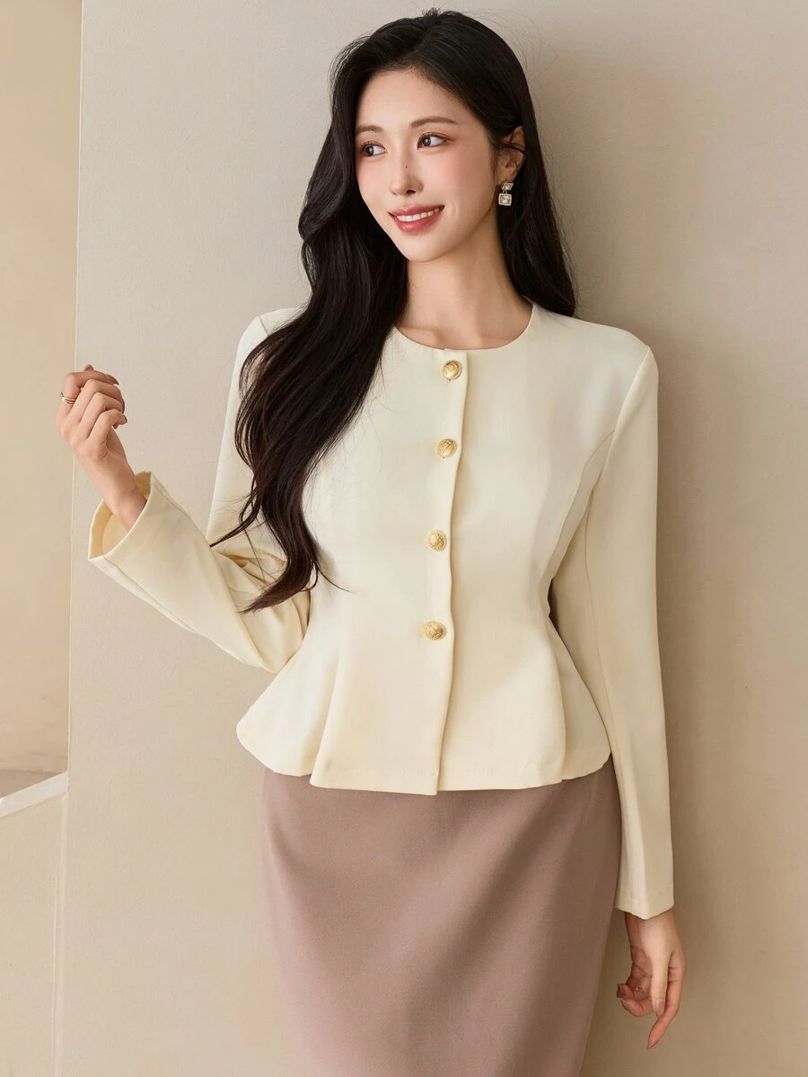 DAZY Women's Button-Up Cinched Waist Pleated Hem Elegant Jacket - Apricot - View 1