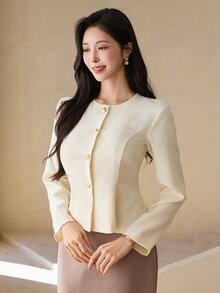 DAZY Women's Button-Up Cinched Waist Pleated Hem Elegant Jacket - Apricot - View 2