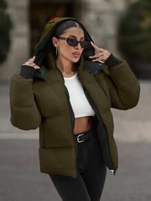 EURMUSE Hooded Zipper Detailed Contrast Rib Cuff Quilted Women's Casual Streetwear Puffer Down Jacket Everyday Travel Army Green Winter - Army Green - View 8