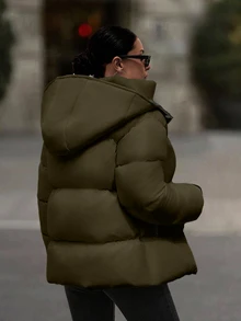 EURMUSE Hooded Zipper Detailed Contrast Rib Cuff Quilted Women's Casual Streetwear Puffer Down Jacket Everyday Travel Army Green Winter - Army Green - View 2