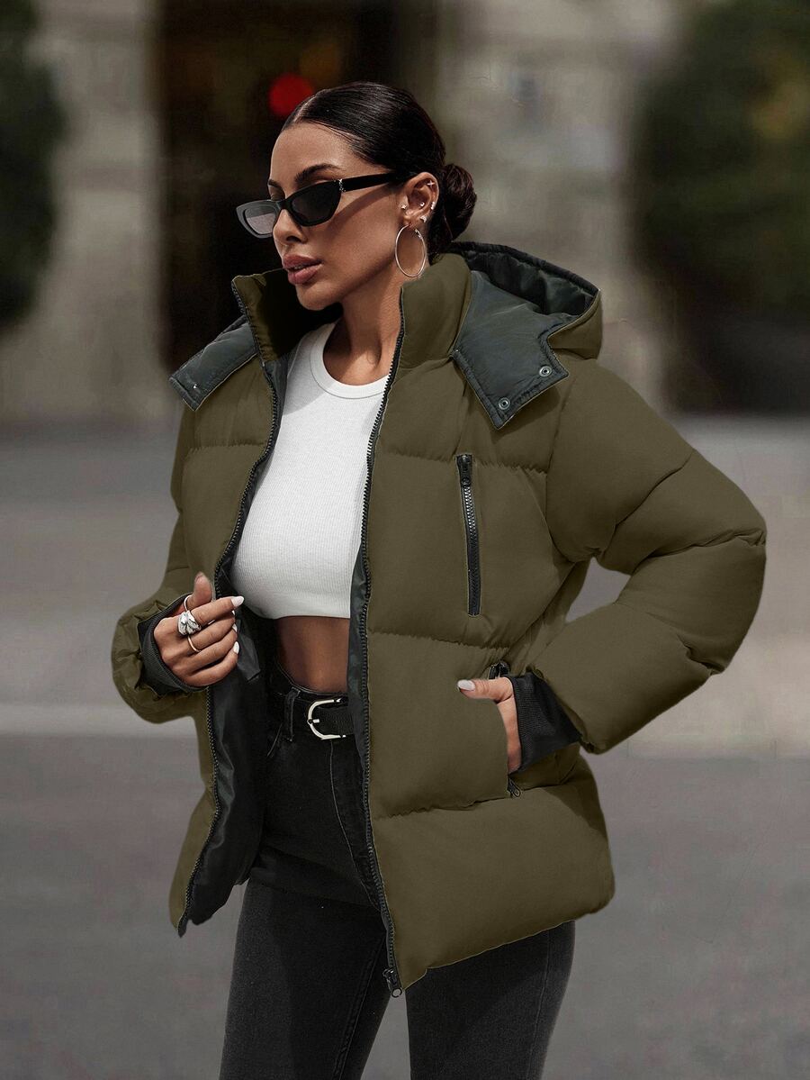 EURMUSE Hooded Zipper Detailed Contrast Rib Cuff Quilted Women's Casual Streetwear Puffer Down Jacket Everyday Travel Army Green Winter - Army Green - View 1