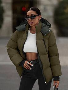 EURMUSE Hooded Zipper Detailed Contrast Rib Cuff Quilted Women's Casual Streetwear Puffer Down Jacket Everyday Travel Army Green Winter - Army Green - View 4