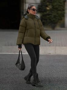 EURMUSE Hooded Zipper Detailed Contrast Rib Cuff Quilted Women's Casual Streetwear Puffer Down Jacket Everyday Travel Army Green Winter - Army Green - View 3