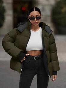 EURMUSE Hooded Zipper Detailed Contrast Rib Cuff Quilted Women's Casual Streetwear Puffer Down Jacket Everyday Travel Army Green Winter - Army Green - View 5