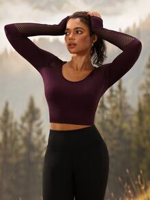 Exploreva Exploreva Contrast Mesh Thumb Holes Crop Sports Tee - Purple - View 3