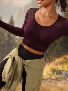 Exploreva Exploreva Contrast Mesh Thumb Holes Crop Sports Tee - Purple - View 7