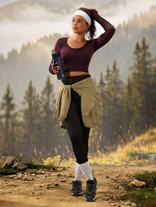 Exploreva Exploreva Contrast Mesh Thumb Holes Crop Sports Tee - Purple - View 4