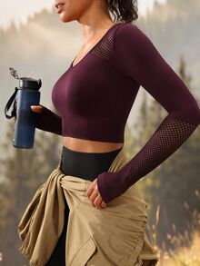 Exploreva Exploreva Contrast Mesh Thumb Holes Crop Sports Tee - Purple - View 6