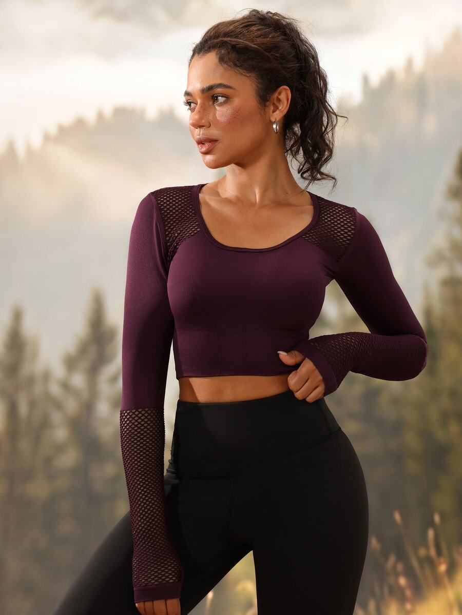 Exploreva Exploreva Contrast Mesh Thumb Holes Crop Sports Tee - Purple - View 1