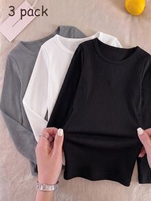 3pcs/Set Boys Casual Round Neck Ribbed Knit Long Sleeve Comfortable Soft Base Layer - Multicolor - View 7