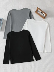 3pcs/Set Boys Casual Round Neck Ribbed Knit Long Sleeve Comfortable Soft Base Layer - Multicolor - View 3