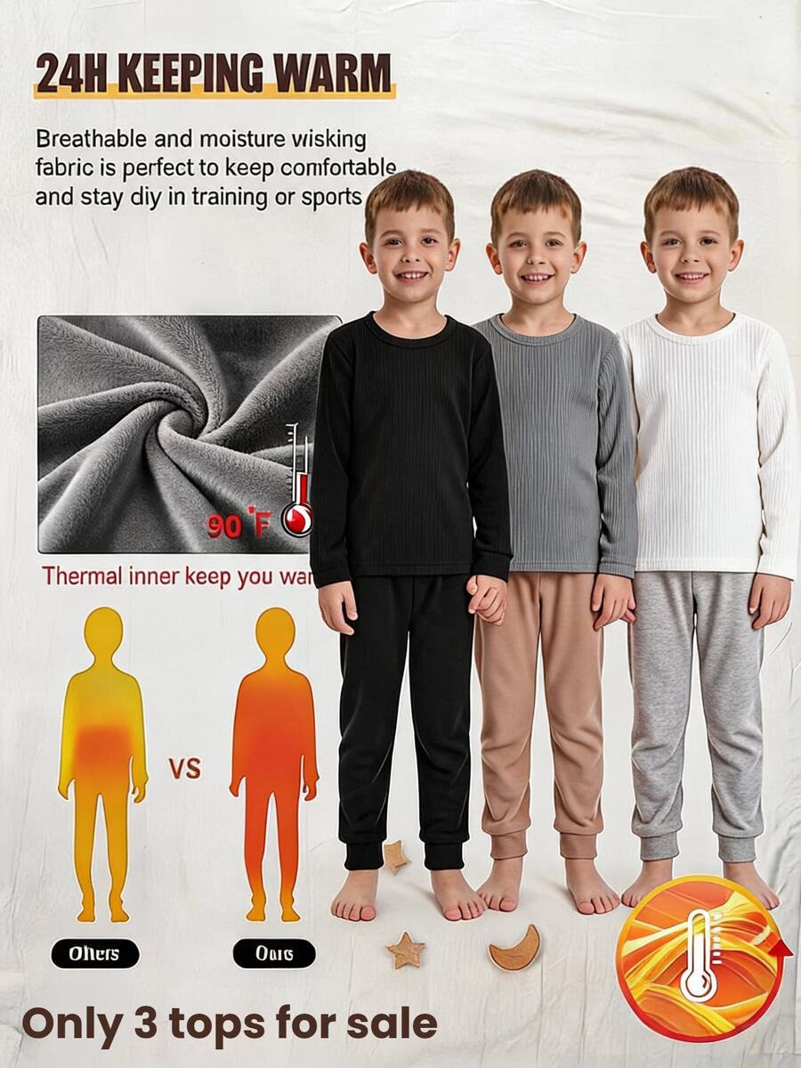 3pcs/Set Boys Casual Round Neck Ribbed Knit Long Sleeve Comfortable Soft Base Layer - Multicolor - View 1
