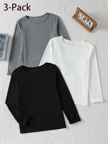 3pcs/Set Boys Casual Round Neck Ribbed Knit Long Sleeve Comfortable Soft Base Layer - Multicolor - View 2
