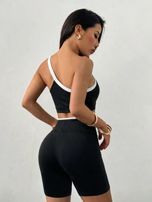 Sirith Women's 2 Pieces Sports Set, Asymmetrical Shoulder Asymmetric Top, Asymmetric Waist Design Shorts, Black And White Colorblock Sportswear Set - Black - View 6