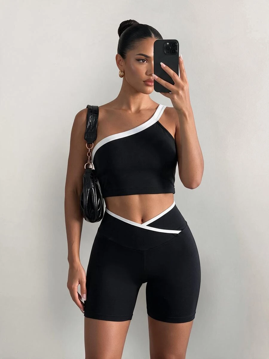 Sirith Women's 2 Pieces Sports Set, Asymmetrical Shoulder Asymmetric Top, Asymmetric Waist Design Shorts, Black And White Colorblock Sportswear Set - Black - View 1