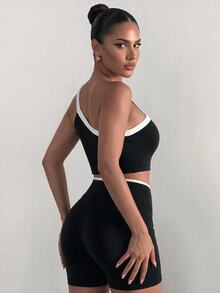 Sirith Women's 2 Pieces Sports Set, Asymmetrical Shoulder Asymmetric Top, Asymmetric Waist Design Shorts, Black And White Colorblock Sportswear Set - Black - View 2