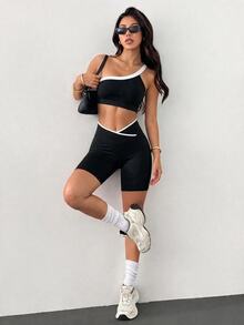 Sirith Women's 2 Pieces Sports Set, Asymmetrical Shoulder Asymmetric Top, Asymmetric Waist Design Shorts, Black And White Colorblock Sportswear Set - Black - View 8