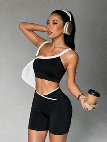Sirith Women's 2 Pieces Sports Set, Asymmetrical Shoulder Asymmetric Top, Asymmetric Waist Design Shorts, Black And White Colorblock Sportswear Set - Black - View 7