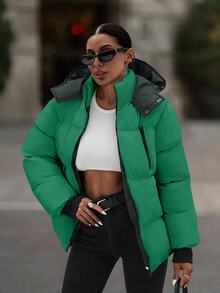 EURMUSE Hooded Zipper Detailed Contrast Rib Cuff Quilted Women's Casual Streetwear Puffer Down Jacket Everyday Going Out Green Autumn Winter - Green - View 5