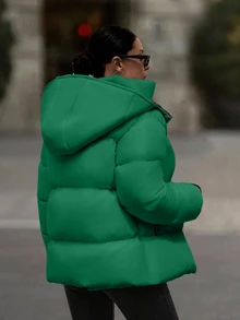 EURMUSE Hooded Zipper Detailed Contrast Rib Cuff Quilted Women's Casual Streetwear Puffer Down Jacket Everyday Going Out Green Autumn Winter - Green - View 3