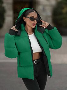 EURMUSE Hooded Zipper Detailed Contrast Rib Cuff Quilted Women's Casual Streetwear Puffer Down Jacket Everyday Going Out Green Autumn Winter - Green - View 8