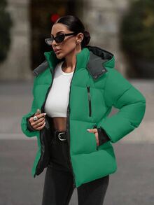 EURMUSE Hooded Zipper Detailed Contrast Rib Cuff Quilted Women's Casual Streetwear Puffer Down Jacket Everyday Going Out Green Autumn Winter - Green - View 2