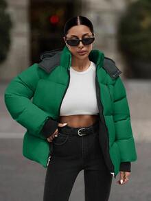 EURMUSE Hooded Zipper Detailed Contrast Rib Cuff Quilted Women's Casual Streetwear Puffer Down Jacket Everyday Going Out Green Autumn Winter - Green - View 1