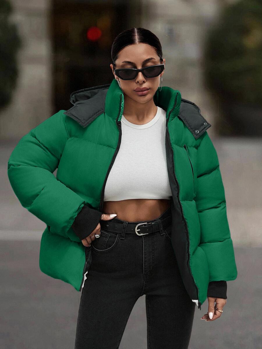 EURMUSE Hooded Zipper Detailed Contrast Rib Cuff Quilted Women's Casual Streetwear Puffer Down Jacket Everyday Going Out Green Autumn Winter - Green - View 1