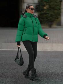 EURMUSE Hooded Zipper Detailed Contrast Rib Cuff Quilted Women's Casual Streetwear Puffer Down Jacket Everyday Going Out Green Autumn Winter - Green - View 4
