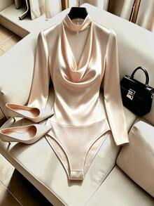 Cévolie Women's New Fashion Satin Cowl Neck Patchwork Sexy Slim Fit Long Sleeve Bodysuit - Champagne - View 6