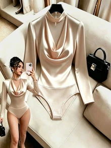 Cévolie Women's New Fashion Satin Cowl Neck Patchwork Sexy Slim Fit Long Sleeve Bodysuit - Champagne - View 2