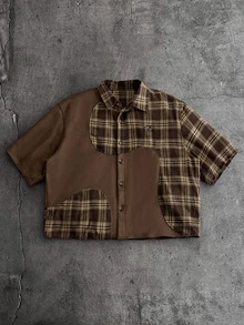Manfinity RebelGame Men's Plaid Patchwork Short Sleeve Single-Breasted Casual Loose Shirt - Coffee Brown - View 2