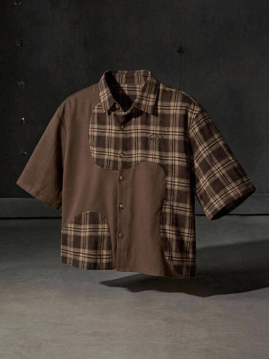 Manfinity RebelGame Men's Plaid Patchwork Short Sleeve Single-Breasted Casual Loose Shirt - Coffee Brown - View 1