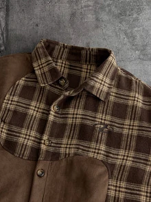 Manfinity RebelGame Men's Plaid Patchwork Short Sleeve Single-Breasted Casual Loose Shirt - Coffee Brown - View 4