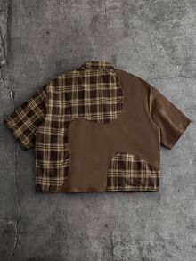 Manfinity RebelGame Men's Plaid Patchwork Short Sleeve Single-Breasted Casual Loose Shirt - Coffee Brown - View 3