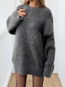 EURMUSE Plus Size Women Round Neck Brushed Yarn Soft Touch Cozy Warm Winter Sweater - Dark Grey - View 3
